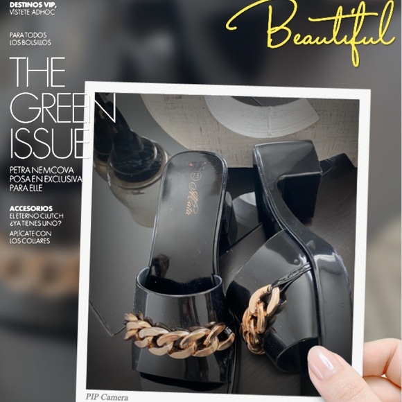 Black Patent Leather Look Slides/Mules w/Gorgeous Gold Chainlink Hardware Detail - Picture 5 of 16